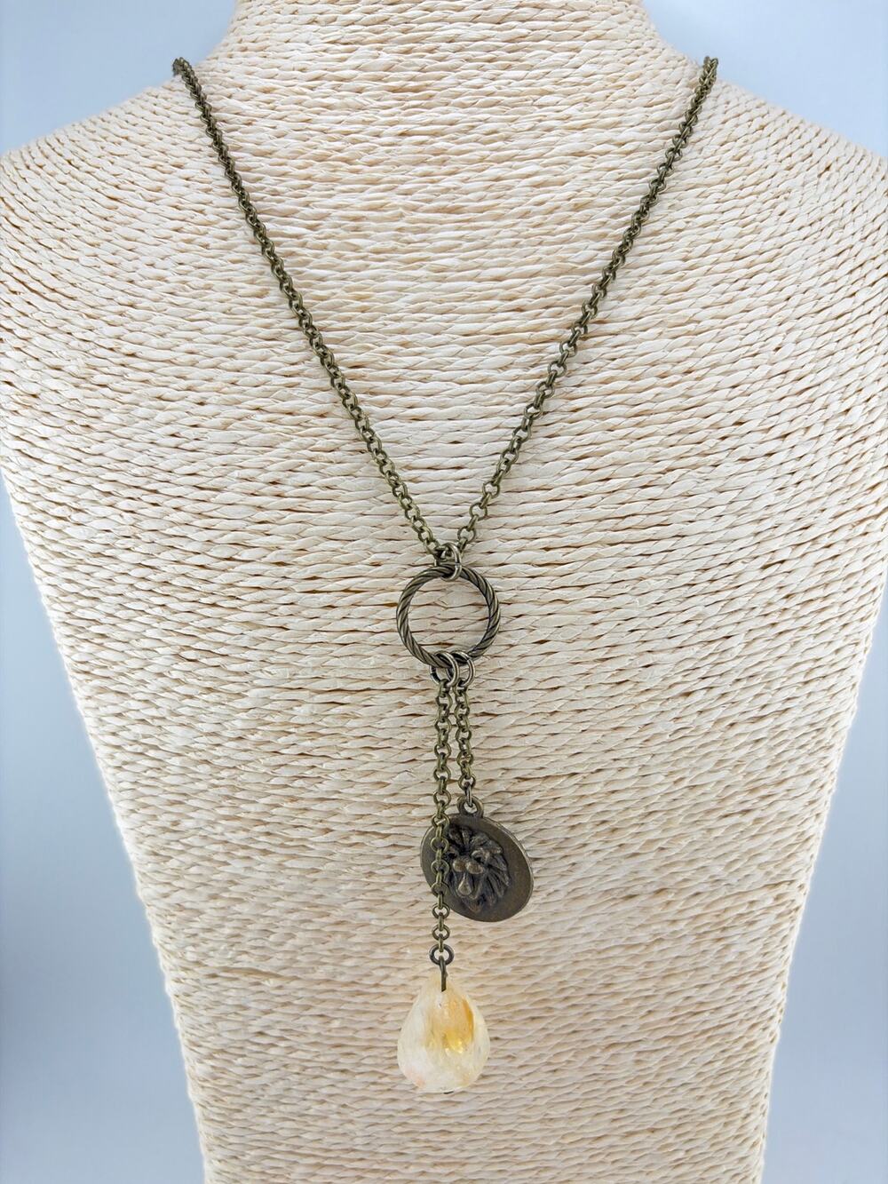 Rustic Bronze Lion Coin and Citrine Crystal Pendant Necklace